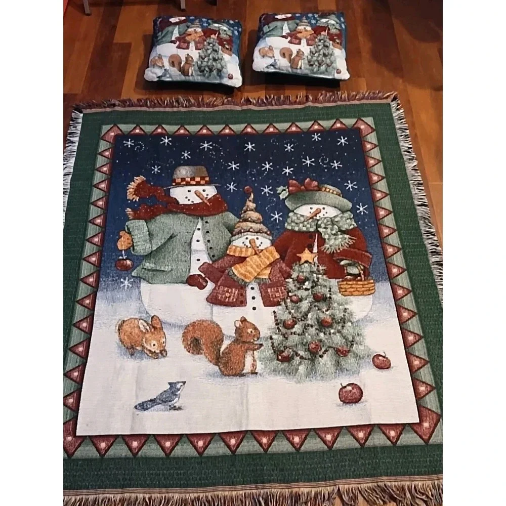 Snowman Winter Blanket Snowflakes Throw Fringed Vintage 51 X 58  2 Throw Pillows
